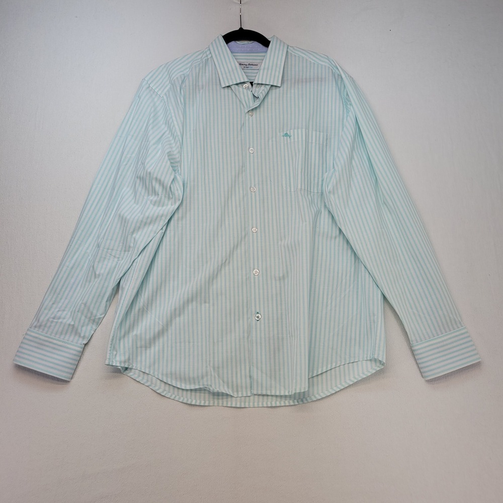 Tommy Bahama Button Up Men Large Aqua Striped IslandZone Pima Cotton Long Sleeve